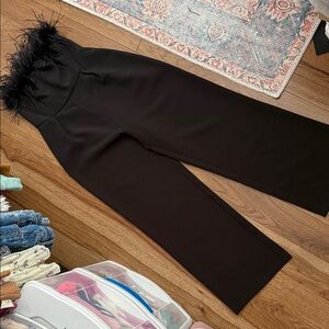 Elegant Black Feather-Trimmed Women's strapless jumpsuit